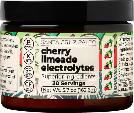 Santa Cruz Paleo Electrolyte Powder, Cherry Limeade, Sugar Free Hydration Drink Mix with Himalayan Pink Salt, Sea Salt, Magnesium Glycinate, Potassium Chloride, Sweetened with Stevia, 30 Servings