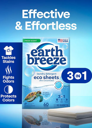 Earth Breeze Laundry Detergent Sheets Fresh Scent   60 Loads Eco Liquidless Soap   Travel Friendly for Hot & Cold Cycles, Tackles Tough Stains & Odors   Gentle on Skin, 30 Ct