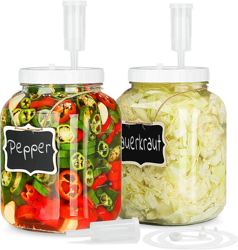 1 Gallon Large Fermentation Jars, 4.3" Wide Mouth Glass Jar, 2 Pack | 100% Airtight Lid, BPA-Free, Dishwasher Saf, Pickle Jar with 2 SCREW Lid, 3 Airlock and 2 Scale Mark for Sourdough Starter