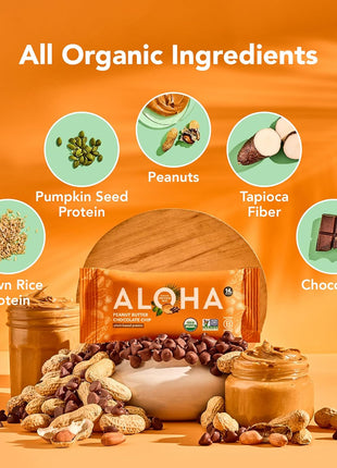 ALOHA Organic Plant Based Protein Bar | Peanut Butter Chocolate Chip, 12 Ct | 14g Plant-Based Protein, 10g Fiber, 5g Sugar | GLP-1 & Keto Friendly, No Sugar Alcohols | Non-GMO, Vegan & Dairy Free