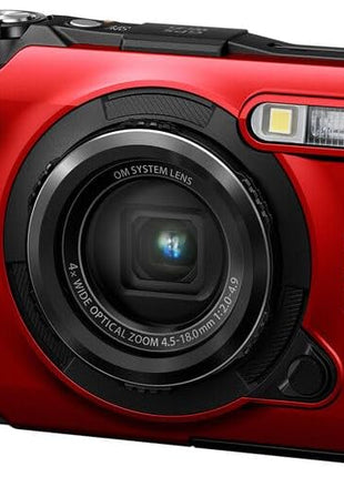 OM SYSTEM Tough TG-7 Digital Camera Bundle (Red) | 12MP BSI CMOS Sensor, f/2 Lens, 4K Video, Waterproof, Shockproof & Freezeproof | Great for Outdoors & Underwater (V110030RU000) + 64GB Card + Case