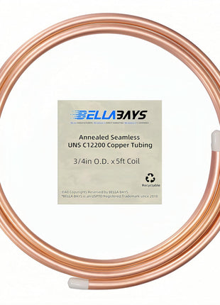 BELLA BAYS Copper Tubing 3/4" OD x 0.687" x 5 ft, 99.9% C12200 ASTM B280 Refrigeration ACR Tubing Seamless Soft Coil Round T2 Pure Copper Tube for HVAC System, Refrigerator, Industry, DIY