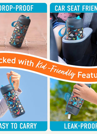 Bentgo Kids Water Bottle - Leak-Proof, Durable Tritan, BPA-Free 15 oz. Cup for Kids/Toddlers Ages 3+, Bite & Sip Spout, Carrying Handle & Dishwasher Safe for School, Sports, Daycare & Camp (Dinosaur)