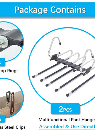 Magic Pants Hangers Space Saving - 2 Pack for Closet Multiple Layers Multifunctional Uses Rack Organizer for Trousers Scarves Slack (2 Pack with 10 Metal Clips)
