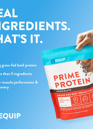 Equip Prime Chocolate Protein Powder - Gut-Friendly, No Sugar Protein Shake Powder with Grass-Fed Beef & Natural Collagen - Rich & Creamy Mix - 21g Per Serving - Whey & Dairy-Free (30 Scoops)