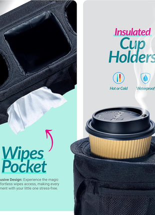 Stroller Caddy Organizer, Cup Holder, Wipes Pocket, Non-Slip, Black