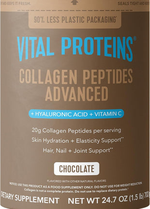 Vital Proteins Collagen Peptides Advanced, Chocolate, 24.7oz | Hyaluronic Acid & Vitamin C, Supports Hair Skin & Nails, Collagen Peptides, Chocolate Flavor, 25 servings