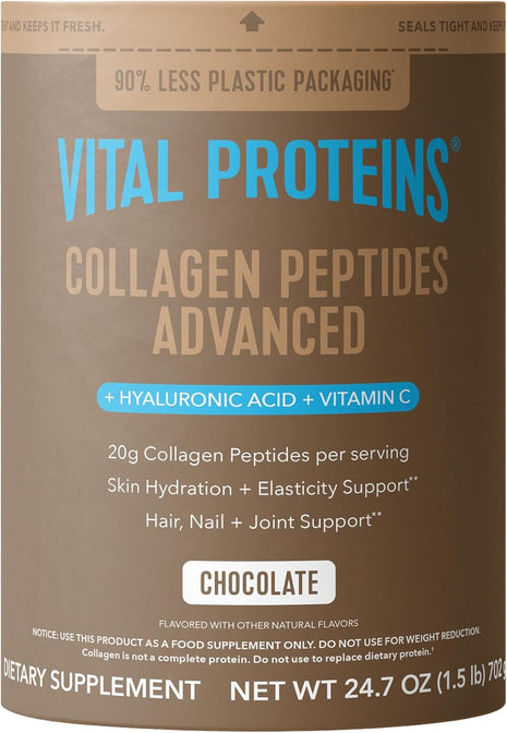Vital Proteins Collagen Peptides Advanced, Chocolate, 24.7oz | Hyaluronic Acid & Vitamin C, Supports Hair Skin & Nails, Collagen Peptides, Chocolate Flavor, 25 servings