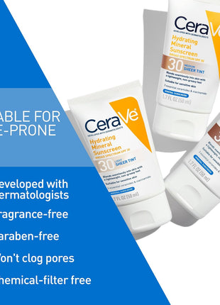 CeraVe Hydrating Mineral Sunscreen SPF 30 with Sheer Tint, Tinted Mineral Sunscreen with Zinc Oxide & Titanium Dioxide, Blends Seamlessly For Healthy Glow, Medium, 1.7 Fluid Ounce