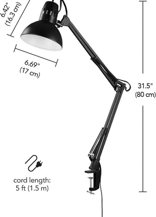 Globe Electric 56963 31.5 inch Multi-Joint Desk Lamp with Metal Clamp, Black, On/Off Rotary Switch on Shade, Partially Adjustable Swing Arm, Home Essentials, Reading Light, Office Décor