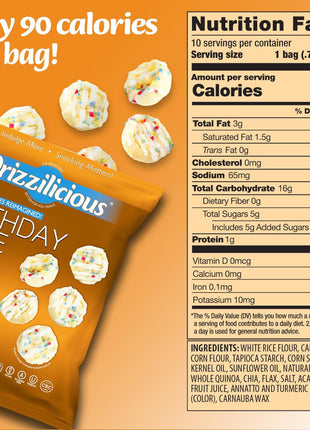 Drizzilicious Mini Flavored Rice Cakes Birthday Cake - Rice Crisps, Healthy Snack for Adults and Kids, Vegan, Gluten Free Snack, Allergen Free, Only 90 Calories Per Bag - 0.74 oz (Pack of 10)