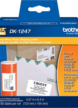 Brother Genuine DK-1247 Die-Cut Large Shipping White Paper Labels for Brother QL Label Printers – 180 Labels per Roll 4.07" x 6.4" (103mm x 164 mm)