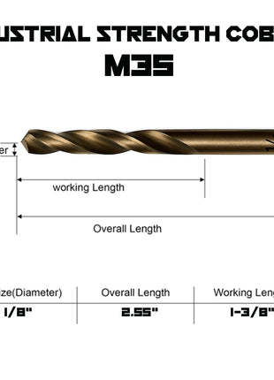 Narwhal 1/8 Inch Cobalt Drill Bits (13 Pack - Industrial Grade M35 Cobalt) 2.55 inch Length & 135 Degree Split Point for Drilling Into Metal, Hardened & Stainless Steel, Cast Iron, & More!