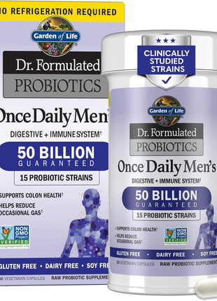 Garden of Life Probiotics for Men, Dr Formulated 50 Billion CFU 15 Probiotics for Digestive Health + Organic Prebiotic Fiber, Colon & Immune Support, Daily Gas Relief, Shelf Stable, 30 Capsules