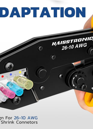 haisstronica Crimping Tool For Heat Shrink Connectors-AWG 26-10 Ratchet Wire Terminal Crimper-Ratcheting Crimper Tools-Available For Insulated Nylon Connectors and Electrical Wire Connectors HS-8327