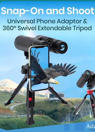 12x42 HD Binoculars for Adults High Powered with Phone Adapter and Tripod, Super Bright BAK4 Prism Waterproof Binoculars for Bird Watching Hunting Hiking Safari Travel Sports