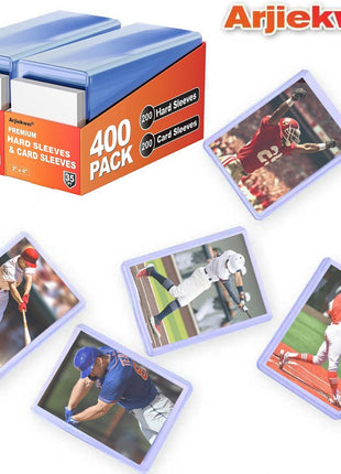 400 Card Sleeves Hard Plastic, Arjiekwei 3 inchX4 inch Baseball Cards Protectors Plastic, Premium Card Holder for Trading Sports Baseball Football Game Cards (200 Hard Sleeve + 200 Soft Sleeve)