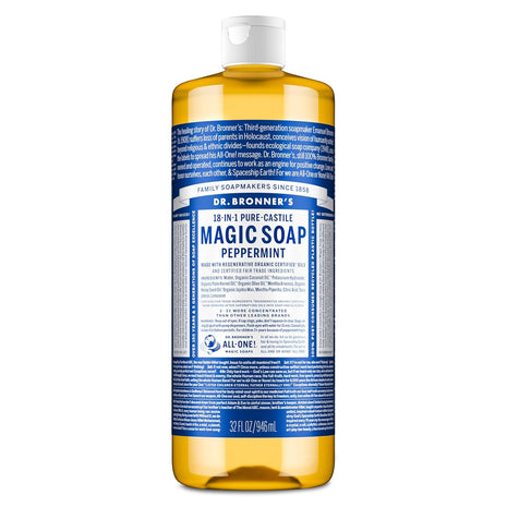 Dr. Bronner's Peppermint Pure-Castile Liquid Soap, Hand Soap, 32 oz | 18-in-1 Uses: Body Wash & Hand Soap for Men and Women, Shampoo, Face, Laundry, Floors, Cars, Pets - Fair Trade & Organic Oils