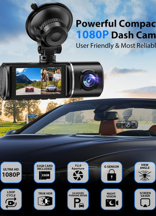 Dash Cam Front and Rear, 1080P Dash Camera for Cars, 3 Channel Car Camera Front Rear and Inside with 32GB Card, Loop Recording, Night Vision, HDR, 24Hr Parking, G-Sensor