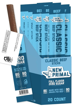 The New Primal Grass Fed Beef Sticks, Keto, Gluten Free Healthy Snacks for Adults, Sugar Free Low Carb High Protein Snack, Paleo Whole30 Jerky Meat Stick, 8g Protein, 90 Calories, 20 Pack