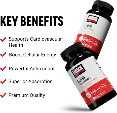 Force Factor CoQ10 100mg, Coenzyme Q10 Heart Health Supplement | Enhanced Absorption, Premium Grade Coq 10, Vegan, Dairy Free, Gluten Free, and Non-GMO, 60 Vegetable Capsules