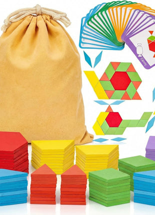 LovesTown 209 PCS Shapes Wooden Pattern Blocks for Kids | Geometric with Activity Cards, Storage Bag, Educational Tangram Puzzles, Great Learning Gift