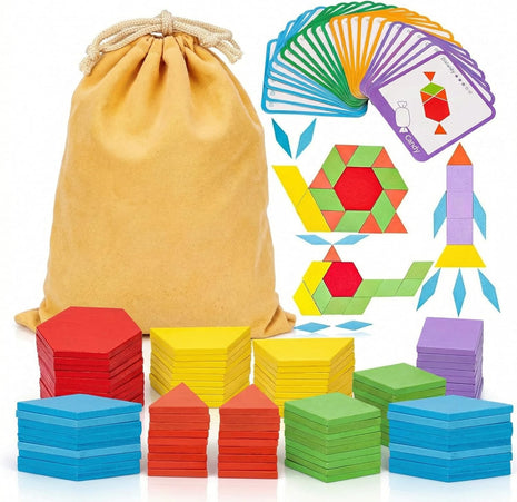 LovesTown 209 PCS Shapes Wooden Pattern Blocks for Kids | Geometric with Activity Cards, Storage Bag, Educational Tangram Puzzles, Great Learning Gift