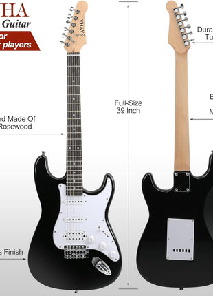 SAYHA Electric Guitar, 39 Inch Solid Full size Electric Guitar HSS Pickups Starter Kit Includes Amplifier, Bag, Digital Tuner, Strap, String, Cable, Picks Black
