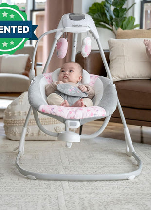 Ingenuity SimpleComfort Lightweight Compact 6-Speed Multi-Direction Baby Swing, Vibrations & Nature Sounds, 0-9 Months 6-20 lbs (Pink Cassidy) | Compact & Portable, Hands Free Soothing for Fussy Babies, Vibrations & USB Power for Newborns, 6-20 lbs