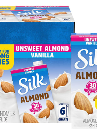 Silk Shelf-Stable Almond Milk, Unsweetened Vanilla, Dairy-Free, Vegan, Non-GMO Project Verified, 1 Quart (Pack of 6)