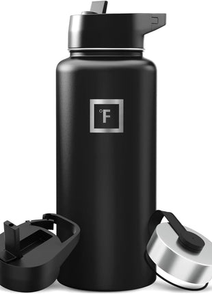 IRON °FLASK Camping & Hiking Hydration Flask with Straw, Wide Mouth Insulated Stainless Steel Sports Water Bottle - 32 oz Midnight Black