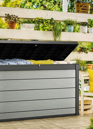 Keter Denali 200 Gallon Resin Large Deck Box with Double Wall 20mm Panels - Paintable and Drillable-Organization and Storage for Patio Furniture and Outdoor Items, Grey & Black