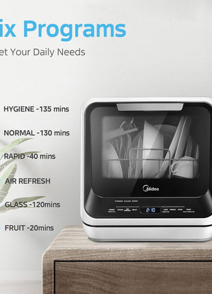 Midea MDC17P0ABB Portable Countertop Mini 1.32Gal Built-in Water Tank, No Hookup Needed, 6 Programs, 360° Dual Spray, 162°F High-Temp& Air-Refresh Function, Dishwasher for Apartments& RVs, Black