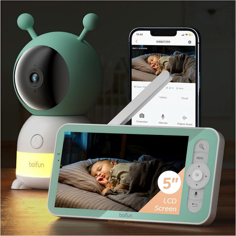 BOIFUN 2026 Upgraded 2K WiFi Baby Monitor with Camera and Audio, Smart Night Light, APP & 5inch Split-Screen Control, Motion/Cries/Sound/Custom Alarm Zone Detect, Auto Tracking, Humidity Temp Detect