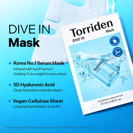 Torriden DIVE IN Hyaluronic Acid Facial Mask (10 sheets) | Deep Hydration Korean Face Sheet Mask | Panthenol & Allantoin | Korean Skincare Mask
