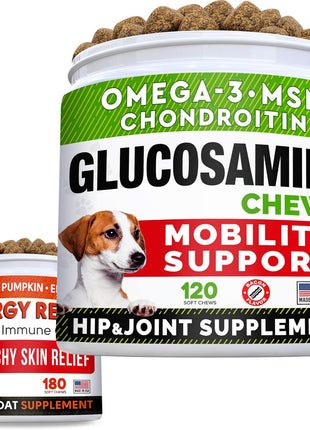 Glucosamine Treats + Allergy Relief Dog Bundle - Joint Supplement w/Omega-3 Fish Oil + Itchy Skin Relief - Chondroitin, MSM + Pumpkin + Enzymes + Turmeric - Skin & Coat - 120+180 Chews - Made in USA