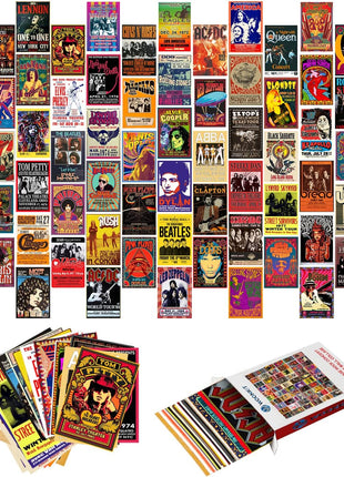 WOONKIT 60 PC Vintage Rock Band Posters, 70s 80s 90s Retro Concert Prints, Bedroom Wall Art, Album Cover Collage, 4x6 Inch (Set of 60)