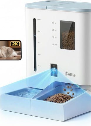 iPettie Camera Automatic Cat Feeder and Water Dispenser, 5G/2.4GHz WiFi | 2K HD Video, Night Vision, APP Scheduling & Alerts, 1 Filter Included, 300oz Large Capacity for 2 Weeks, FW54 Camera Version