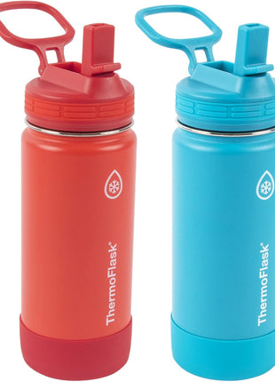 ThermoFlask Kids 16 oz Insulated Water Bottles with Straw Lid BPA-Free Stainless Steel Leakproof & Spill-Proof Design Easy Clean Wide Mouth 2-Pack for School, Sports, Playdates, Red/Blue