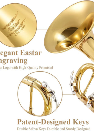 Eastar Bb Standard Trumpet Set for Beginner, Brass Student Trumpet Instrument with Hard Case, Cleaning Kit, 7C Mouthpiece and Gloves, ETR 380, Golden