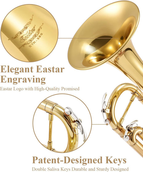 Eastar Bb Standard Trumpet Set for Beginner, Brass Student Trumpet Instrument with Hard Case, Cleaning Kit, 7C Mouthpiece and Gloves, ETR 380, Golden