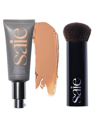 Saie Glow & Blend Duo - Slip Tint Tinted Moisturizer SPF 35 Shade Four (1.35 oz), The Big Liquid Foundation Brush (1 Count), Hydrating Glow & Seamless Blending