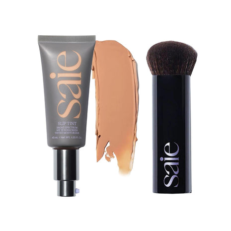 Saie Glow & Blend Duo - Slip Tint Tinted Moisturizer SPF 35 Shade Four (1.35 oz), The Big Liquid Foundation Brush (1 Count), Hydrating Glow & Seamless Blending