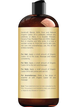 Handcraft Blends Organic Castor Oil 16 Fl Oz | 100% Pure and Natural | Premium Grade Carrier Oil | Hair, Eyelashes and Eyebrows | Hair and Body | Expeller-Pressed | Hexane-Free
