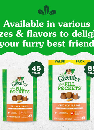Greenies Feline Pill Pockets for Cats Natural Soft Cat Treats, Chicken Flavor, 3 oz. Pouch (85 Treats)