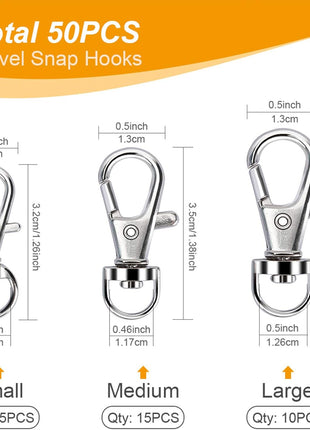 100PCS Swivel Snap Hooks with Key Rings, Premium Metal Swivel Lobster Claw Clasps Assorted Sizes (Large, Medium, Small) for Keychain Clip Lanyard, Jewelry Making, Crafts, Silver