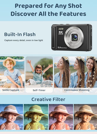 5K Digital Camera - 72MP UHD Digital Cameras for Photography - Autofocus Point and Shoot Small Camera with Flash for Kids - 2.8 Inch Screen Compact Portable Vlogging Camara with 16X Zoom, 32GB SD Card