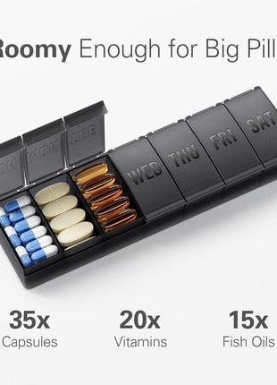 Barhon Pill Organizer Large, Weekly Medicine Pill Organizers, 7 Day Pills Box Case Travel for Big Vitamin Supplements Fish Oil, Black