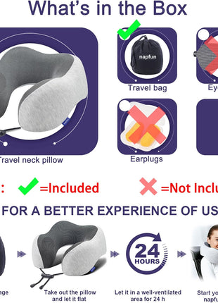 napfun Neck Pillow for Traveling, Upgraded Travel Neck Pillow for Airplane 100% Pure Memory Foam Travel Pillow for Flight Headrest Sleep, Portable Plane Accessories, Light Grey