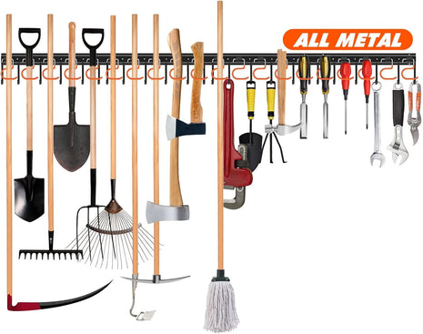 68'' All Metal Garden Tool Organizer Adjustable Garage Tool Organizer Wall Mount Garage Organizers and Storage with Heavy Duty Hooks Tool Hangers for Garage Wall, Shed, Garden